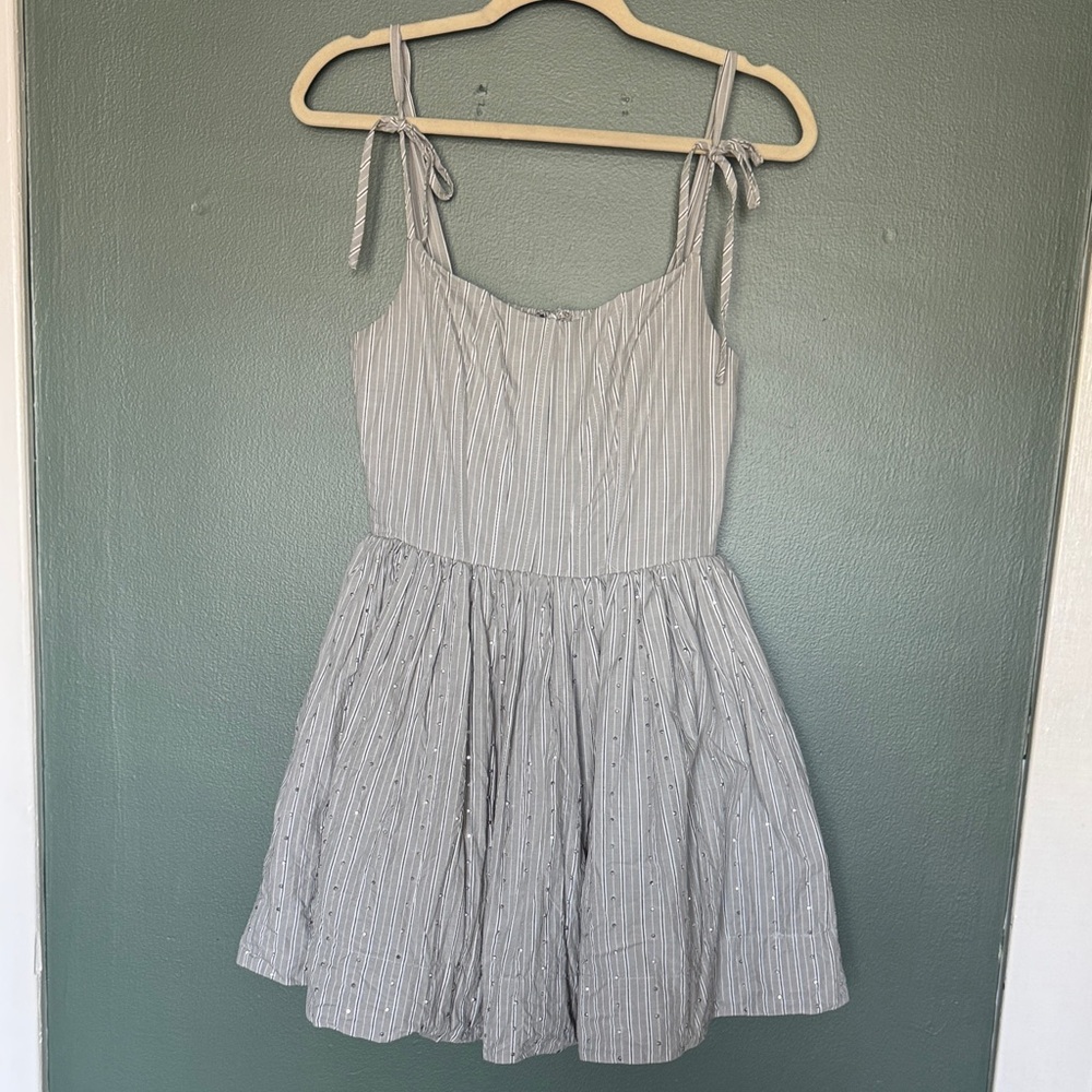 En Saison Striped Tie-Shoulder Sundress in Light Gray
